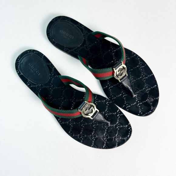 GUCCI Black Web Stripe GG Sandal 40.5 Flat Flip Flop Leather Guccissima Embossed - Picture 3 of 12